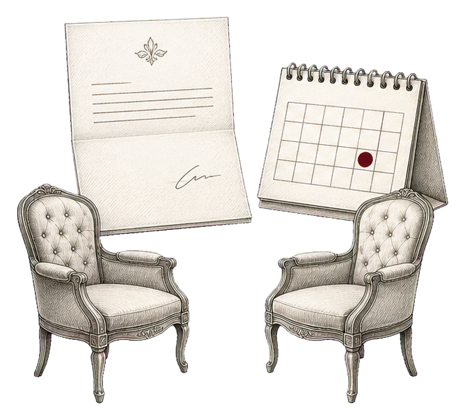 Handgezeichnete Illustration eines Antwortschreibens, eines Kalenders und zweier Stühle
