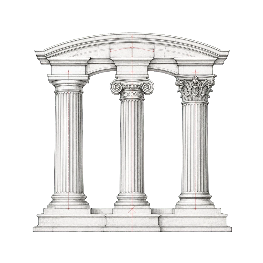 Fine line illustration of three pillars and a connecting arch