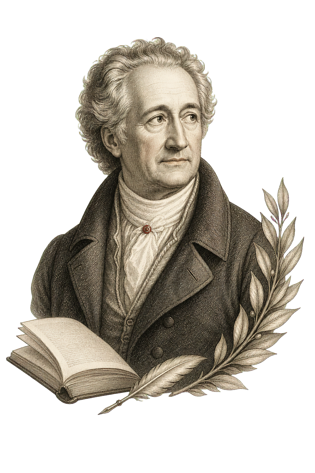 Handgezeichnetes Porträt Johann Wolfgang von Goethes mit Buch, Feder und Lorbeer