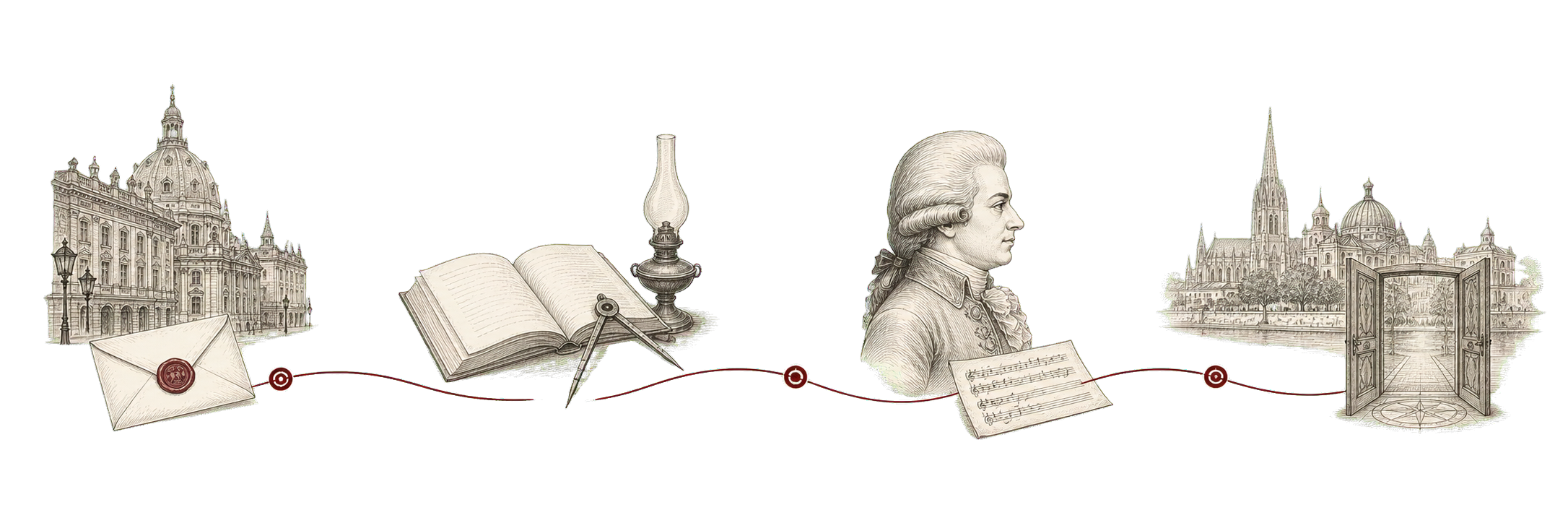 Handgezeichnete Zeitleiste von den Anfängen der Wiener Freimaurerei über Aufklärung und Mozart bis zur Gegenwart