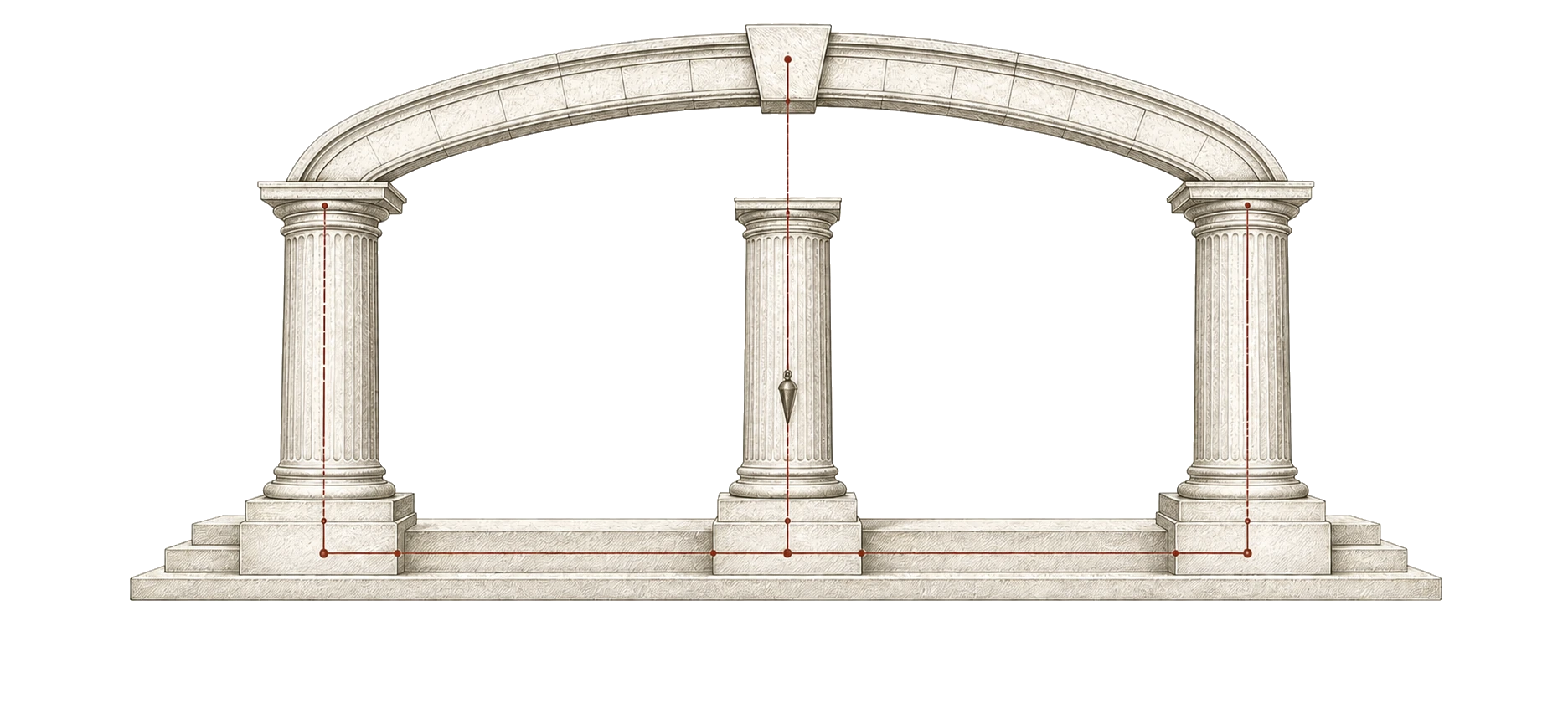 Three hand-drawn pillars on a shared foundation beneath a connecting arch