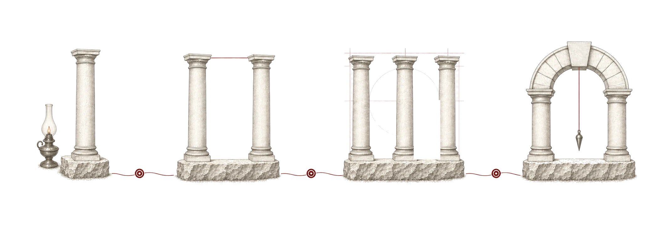 Hand-drawn development from one pillar through three supporting pillars to a shared arch as a symbol of the SGLA's origins