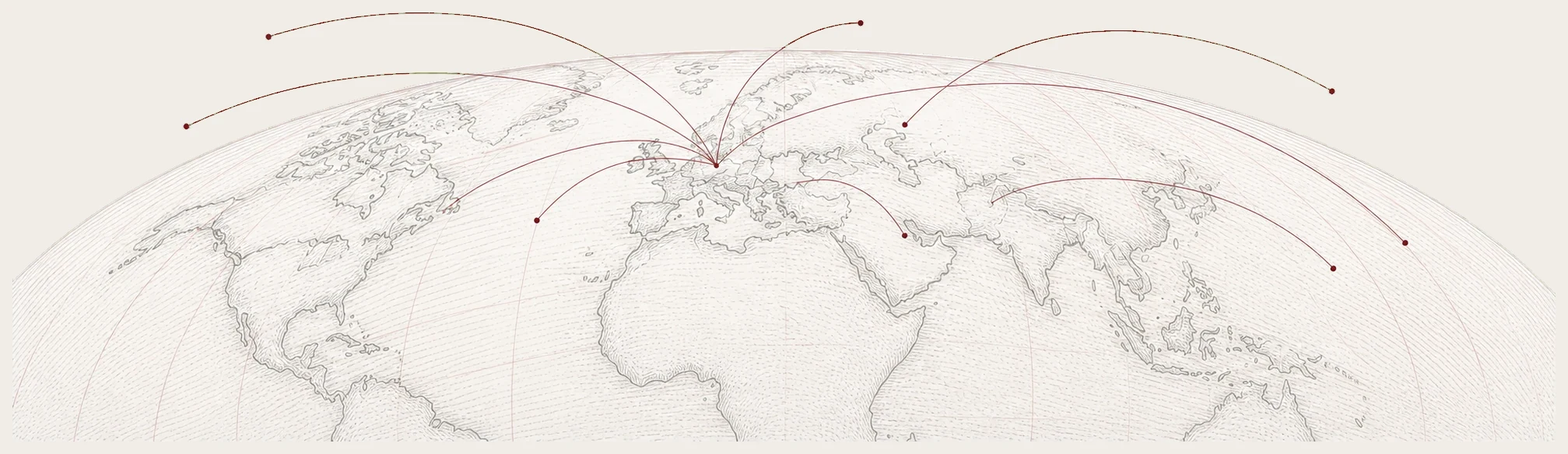 Hand-drawn world map with connection lines from Europe to different regions of the world