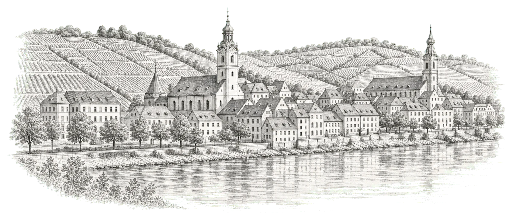 Hand-drawn view of Krems and Stein on the Danube with the vineyards of the Wachau