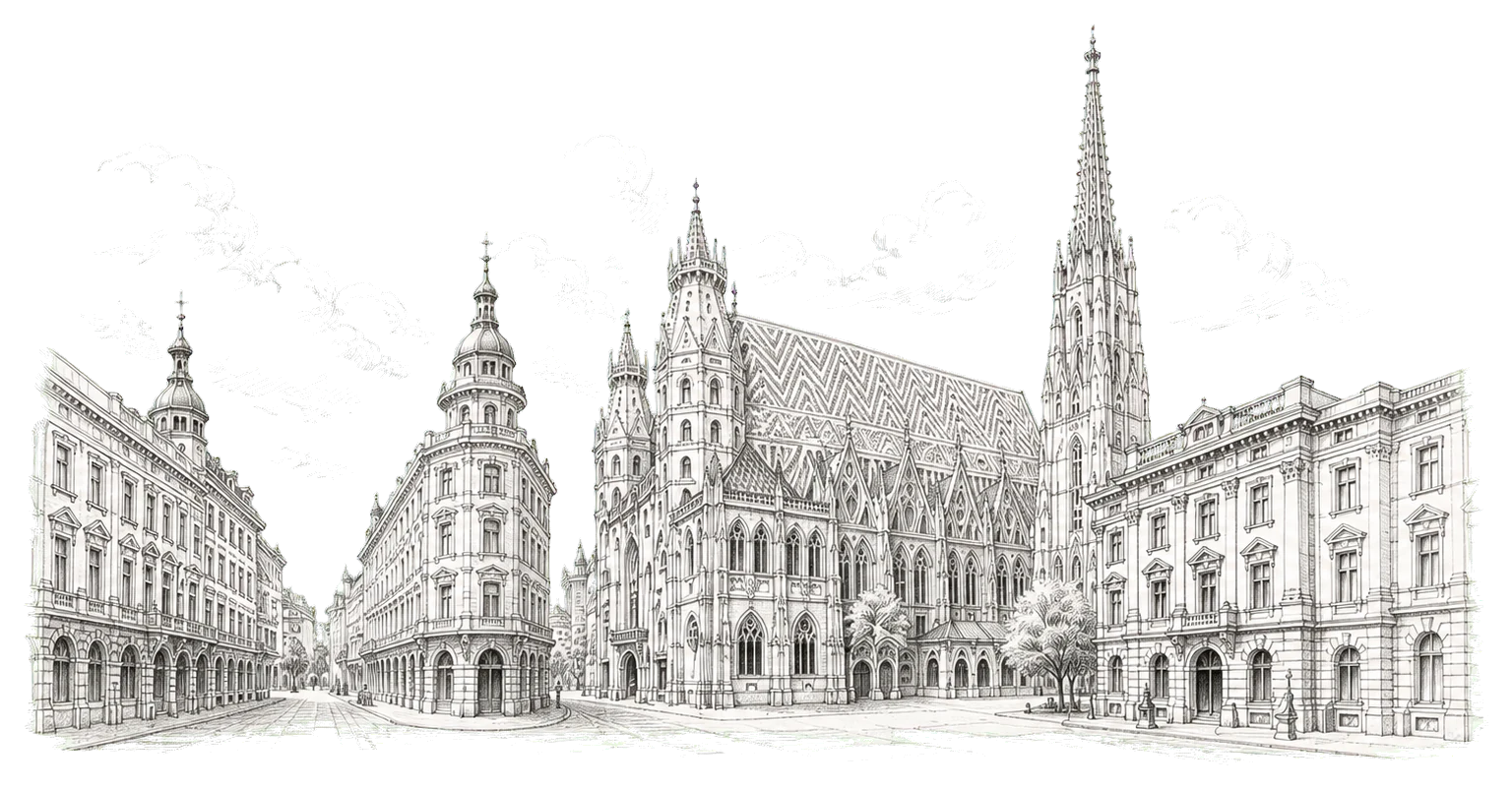 Hand-drawn Vienna city scene with St. Stephen's Cathedral